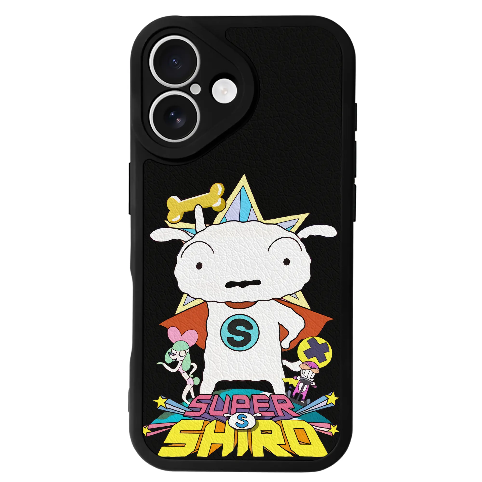 クレヨンしんちゃん グッズ シロ - IPhone 16シリーズ対応 ・ シリコンスマホケース ・ レザー調 ・ 高精度フィット ・ 耐衝撃 ・ ワイヤレス充電対応 ・ 精密カット